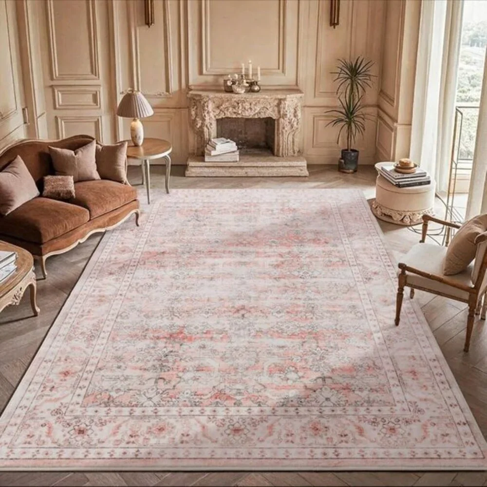 New 6x4 Vintage Pink Area Rug, Washable Non-Slip, Low Pile Carpet for Home